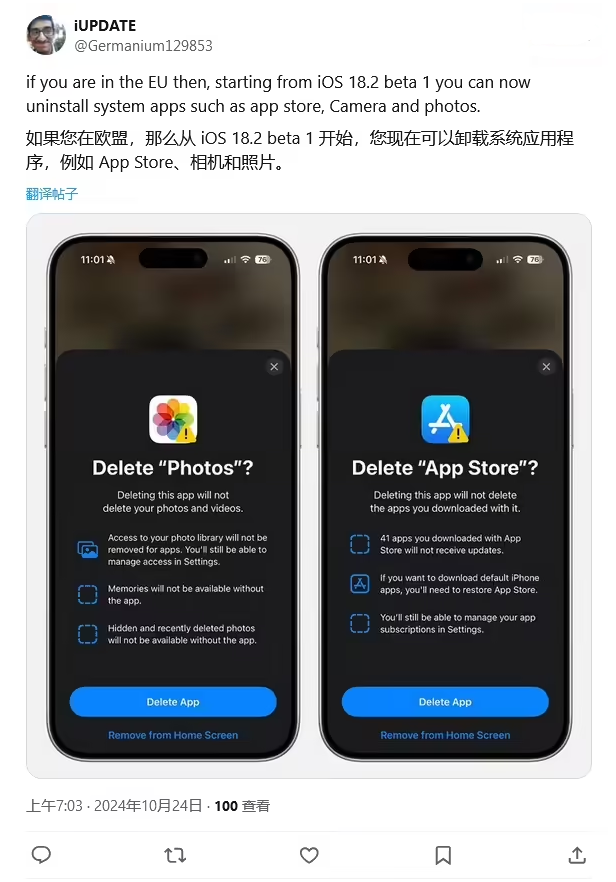 汝州苹果手机维修分享iOS 18.2 支持删除 App Store 应用商店 