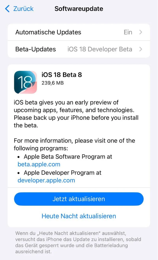 汝州苹果手机维修分享苹果 iOS / iPadOS 18 开发者预览版 Beta 8 发布 